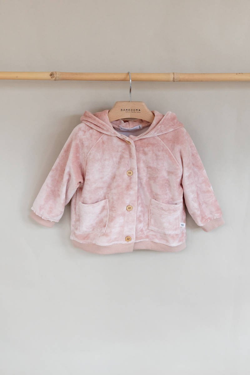 Cardigan con orecchie in velluto rosa cipria Bamboom