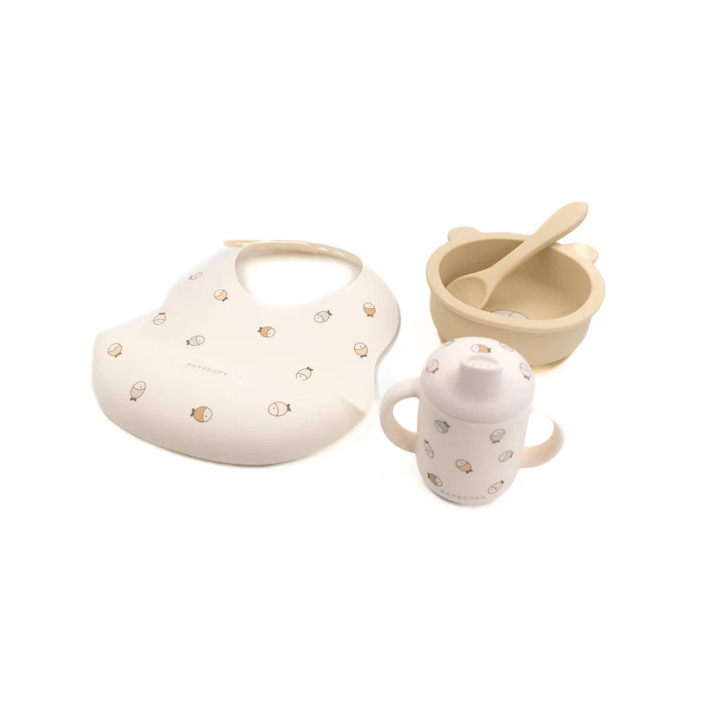 Set Pappa Baby in Silicone Bamboom (bavaglino, scodella, cucchiaio, bicchiere con beccuccio)